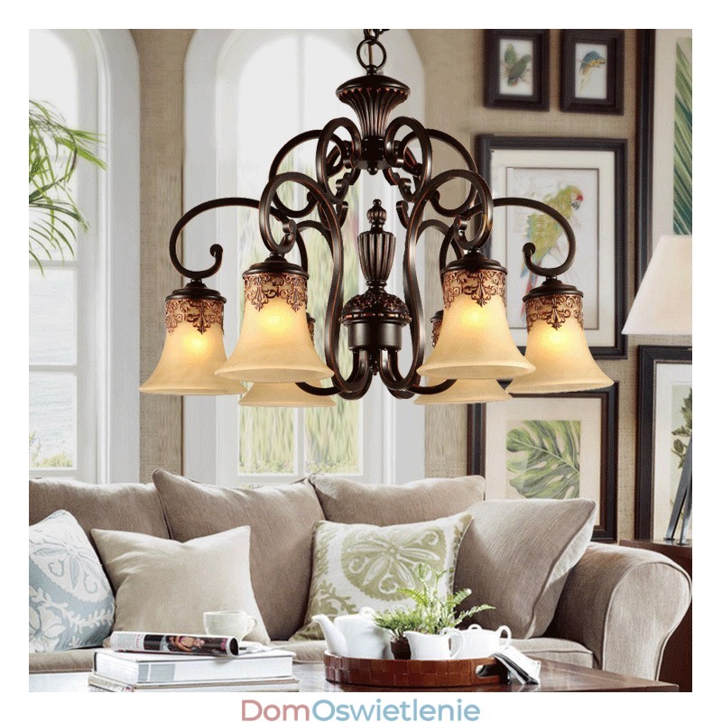 Żyrandol wiszący 6 świateł Vintage Country Island Metal + szkło