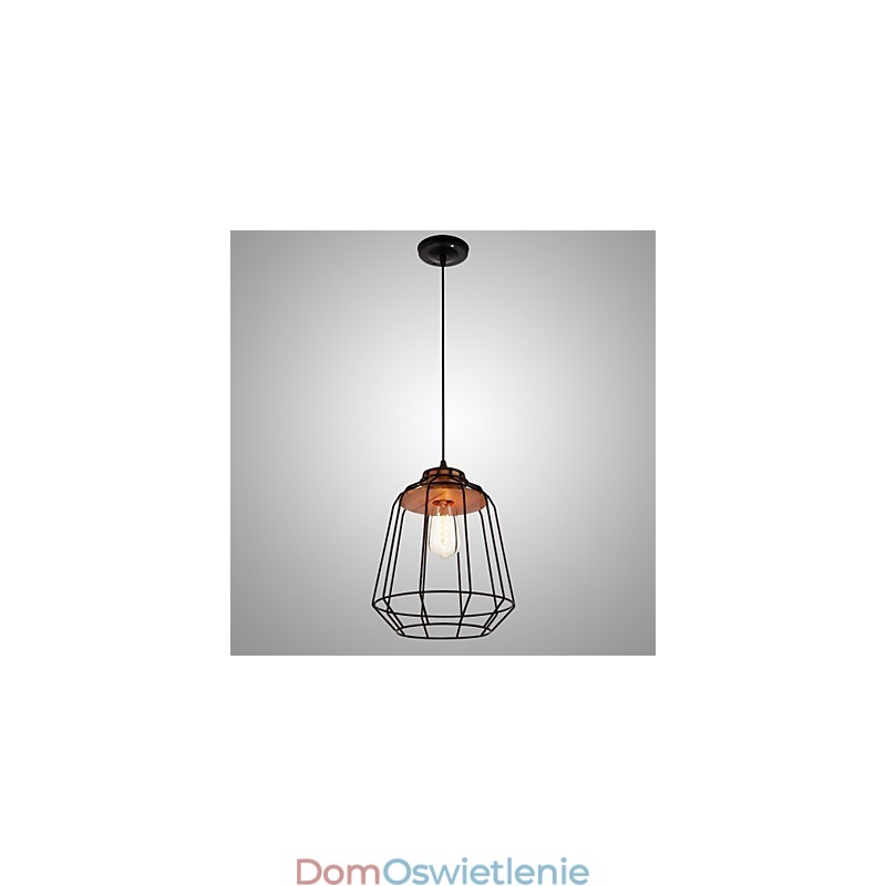 Żelazna lampa wisząca z drewnianym środkiem w klatce żelaznej