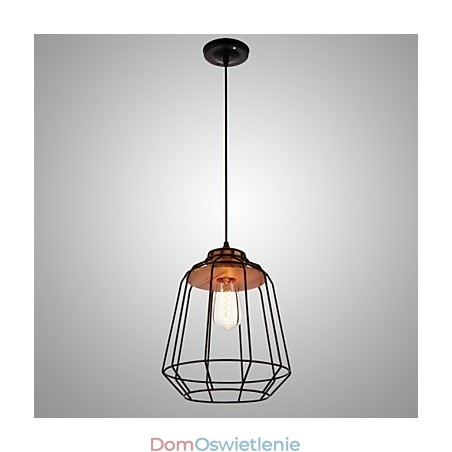 Żelazna lampa wisząca z drewnianym środkiem w klatce żelaznej