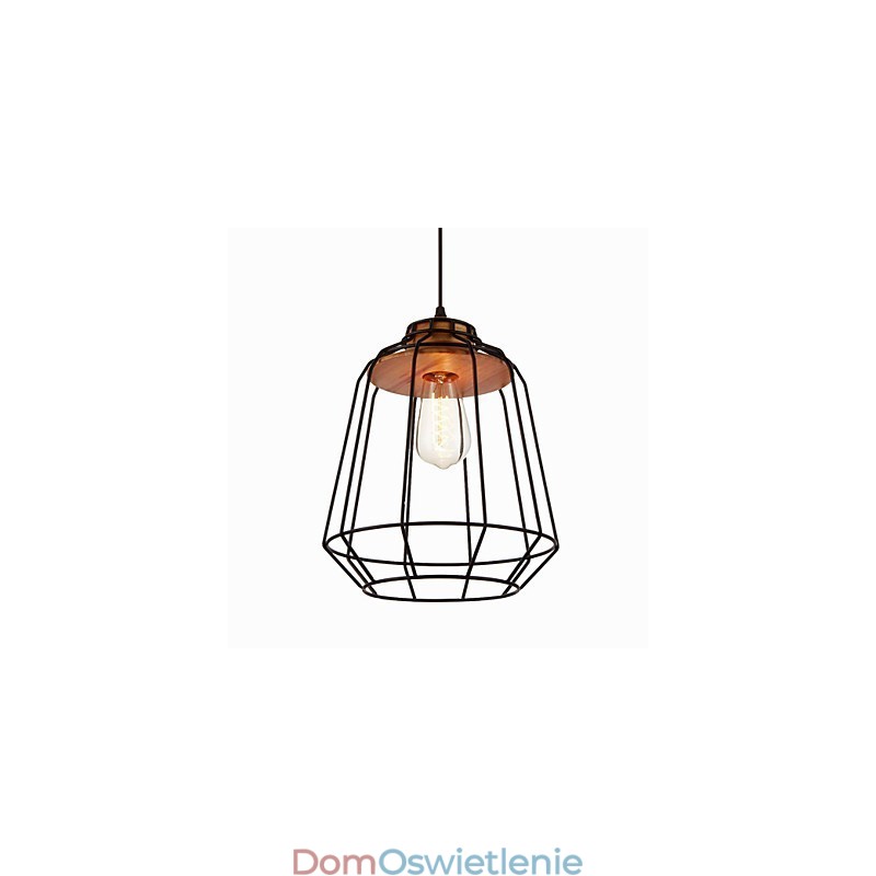 Żelazna lampa wisząca z drewnianym środkiem w klatce żelaznej