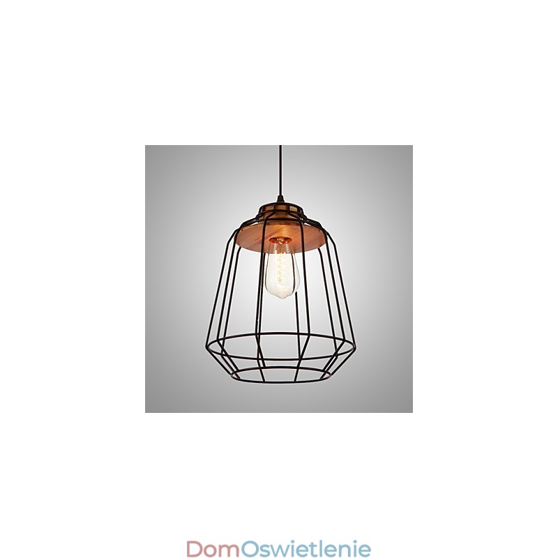 Żelazna lampa wisząca z drewnianym środkiem w klatce żelaznej