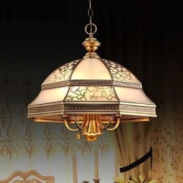 Mosiężna lampa wisząca, sześć świateł, szkło vintage, całkowicie miedziane