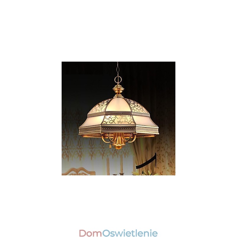 Mosiężna lampa wisząca, sześć świateł, szkło vintage, całkowicie miedziane