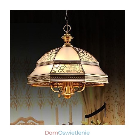 Mosiężna lampa wisząca, sześć świateł, szkło vintage, całkowicie miedziane Mosiężna lampa wisząca, sześć świateł, szkło vintage, całkowicie miedziane