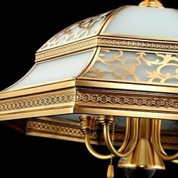Mosiężna lampa wisząca, sześć świateł, szkło vintage, całkowicie miedziane