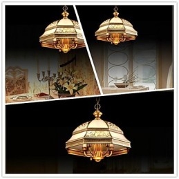 Mosiężna lampa wisząca, sześć świateł, szkło vintage, całkowicie miedziane