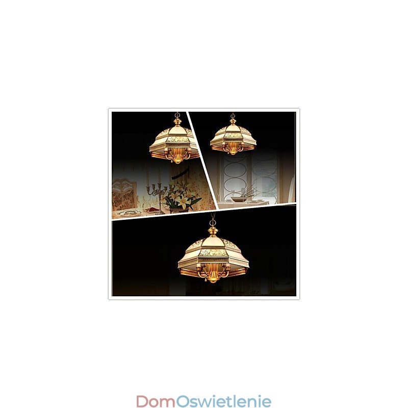 Mosiężna lampa wisząca, sześć świateł, szkło vintage, całkowicie miedziane