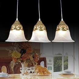 Wisząca lampa z brązu, trzy światła, szkło Moire, klasyka europejska