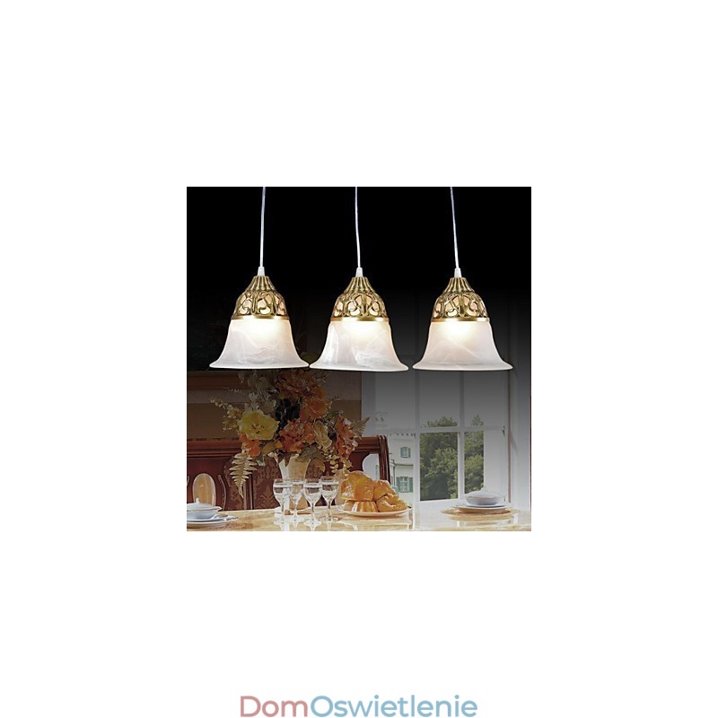 Wisząca lampa z brązu, trzy światła, szkło Moire, klasyka europejska