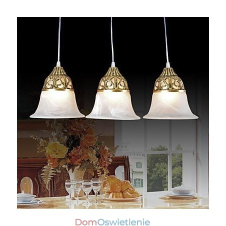 Wisząca lampa z brązu, trzy światła, szkło Moire, klasyka europejska Wisząca lampa z brązu, trzy światła, szkło Moire, klasyka europejska