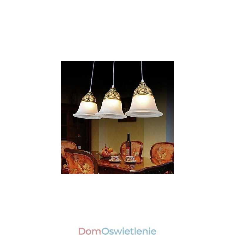 Wisząca lampa z brązu, trzy światła, szkło Moire, klasyka europejska