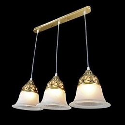 Wisząca lampa z brązu, trzy światła, szkło Moire, klasyka europejska