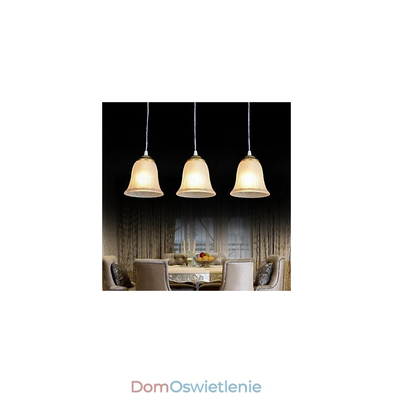 Wisząca lampa z brązu, klosz szklany, wzór trzy światła, europejski, retro, klasyczny