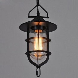 Średniej wielkości lampa wisząca w kształcie czarnej klatki ze szkła i metalu