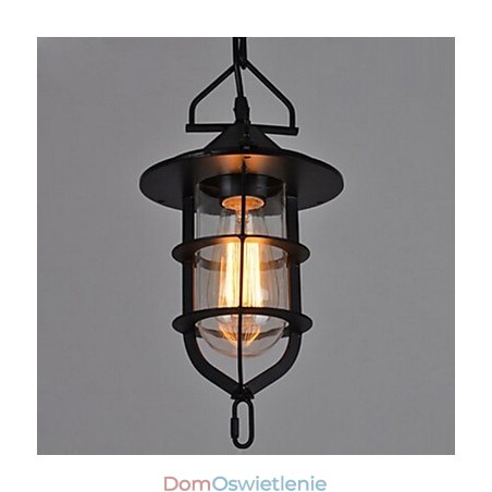 Średniej wielkości lampa wisząca w kształcie czarnej klatki ze szkła i metalu
