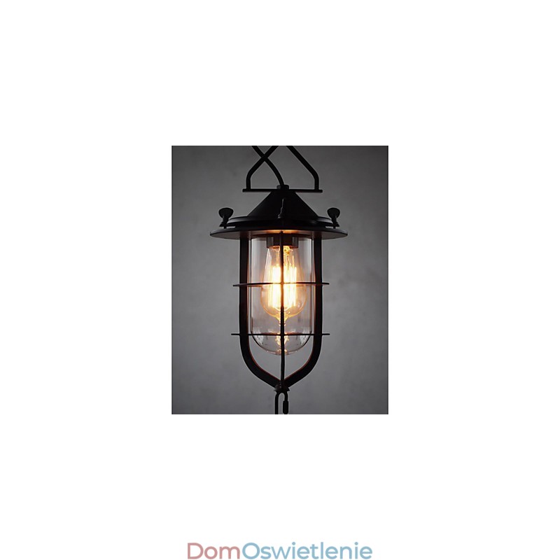 Średniej wielkości lampa wisząca w kształcie czarnej klatki ze szkła i metalu