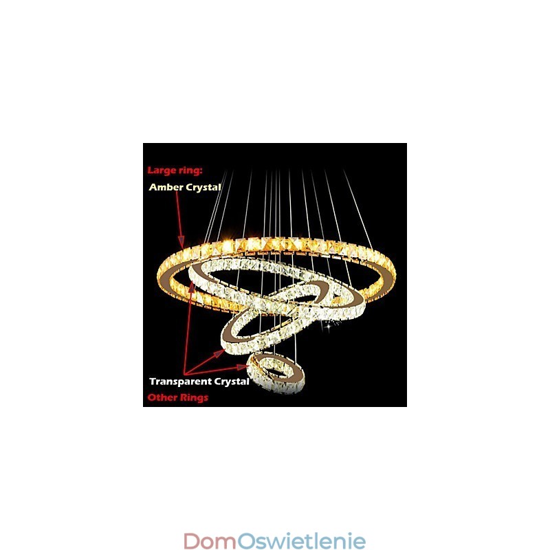 Nowoczesna lampa wisząca kryształowa lampa sufitowa z 4 pierścieniami, duży pierścień bursztynowy kryształ i inne przezroczyste kryształy