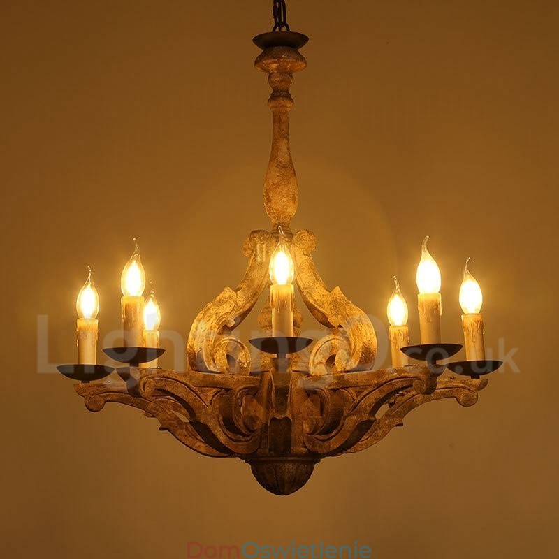 8-światłowa lampa żyrandolowa w stylu vintage retro z drewna