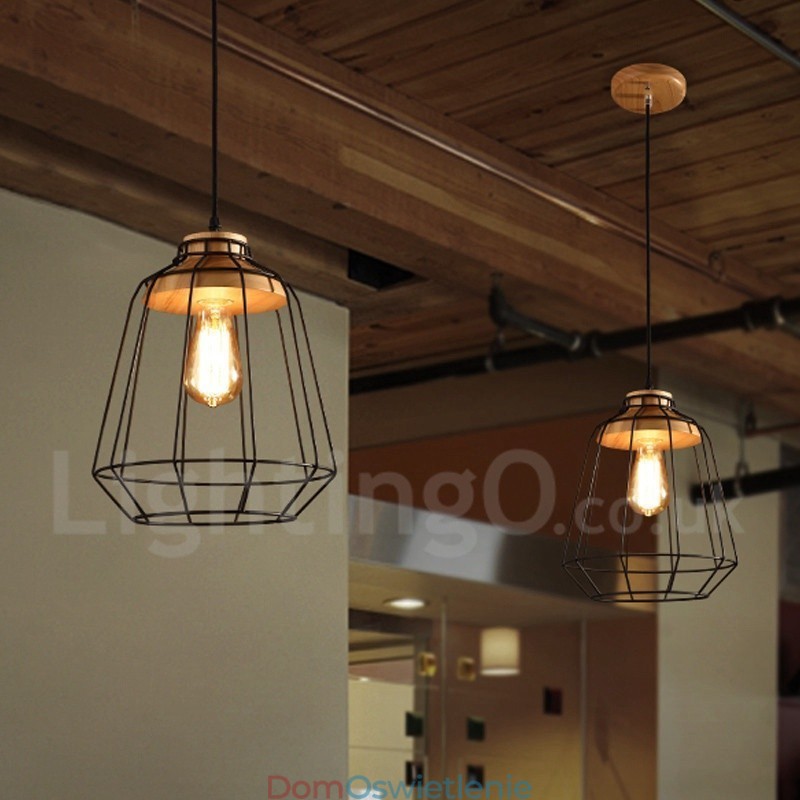 Lampa wisząca z metalu i drewna w stylu vintage