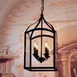 4-punktowa czarna metalowa lampa wisząca Rustic Lodge z kloszem szklanym