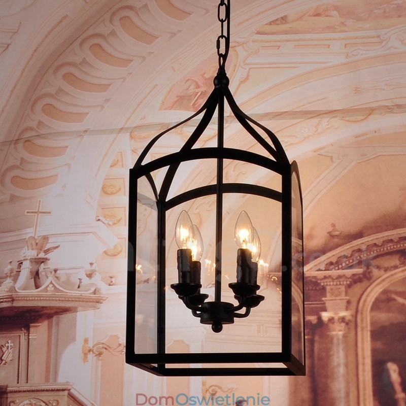 4-punktowa czarna metalowa lampa wisząca Rustic Lodge z kloszem szklanym