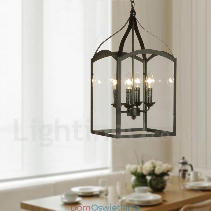 4-punktowa czarna metalowa lampa wisząca Rustic Lodge z kloszem szklanym