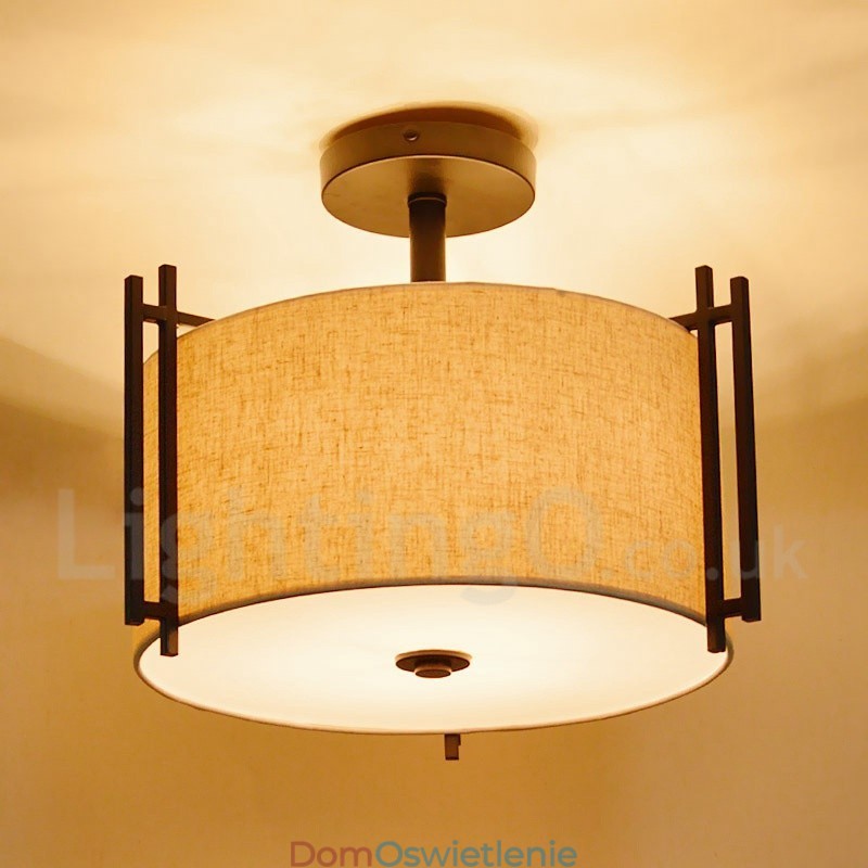 Rustykalna lampa wisząca metalowa w kształcie bębna z abażurem z tkaniny