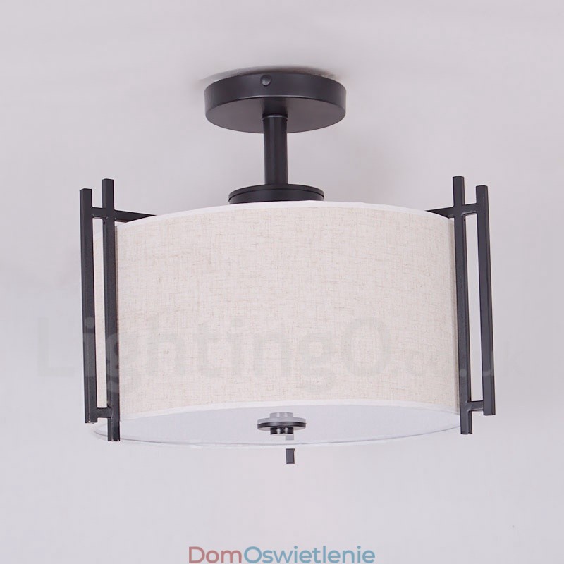 Rustykalna lampa wisząca metalowa w kształcie bębna z abażurem z tkaniny