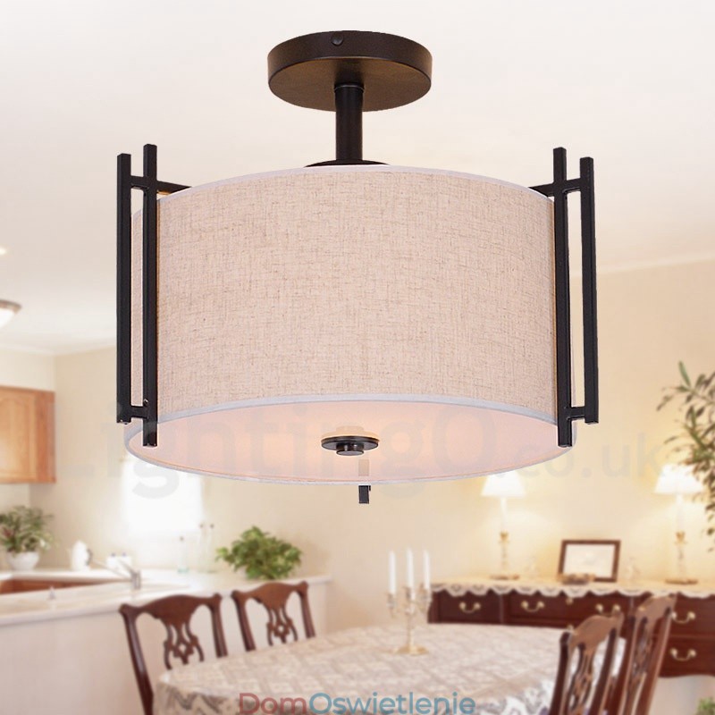 Rustykalna lampa wisząca metalowa w kształcie bębna z abażurem z tkaniny