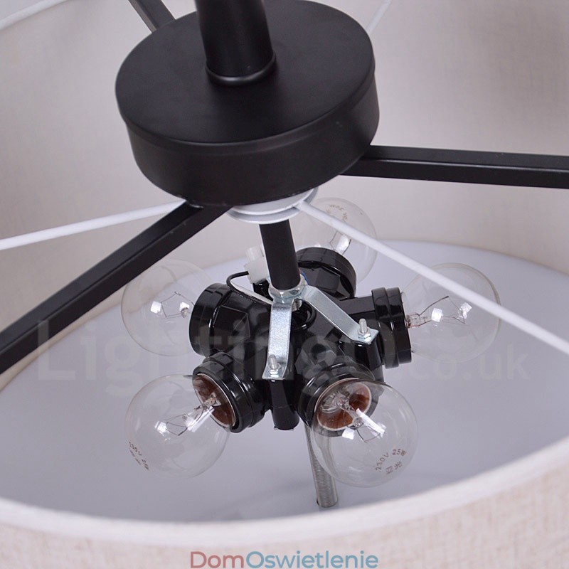 Rustykalna lampa wisząca metalowa w kształcie bębna z abażurem z tkaniny