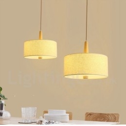 Drewniana nowoczesna lampa wisząca w kształcie bębna z abażurem z tkaniny