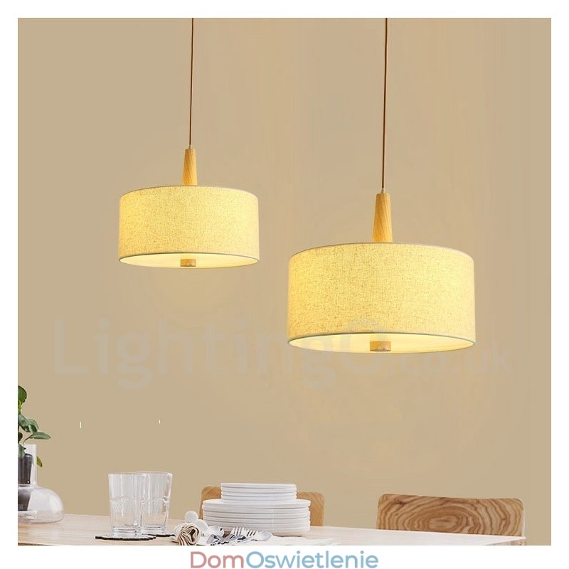 Drewniana nowoczesna lampa wisząca w kształcie bębna z abażurem z tkaniny