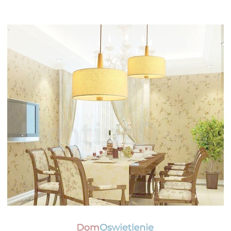 Drewniana nowoczesna lampa wisząca w kształcie bębna z abażurem z tkaniny