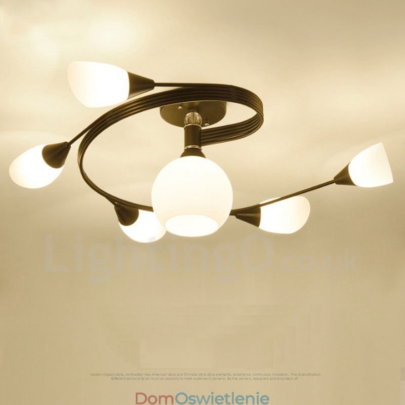 6-punktowy, rustykalny, zintegrowany żyrandol Lodge z kloszem szklanym