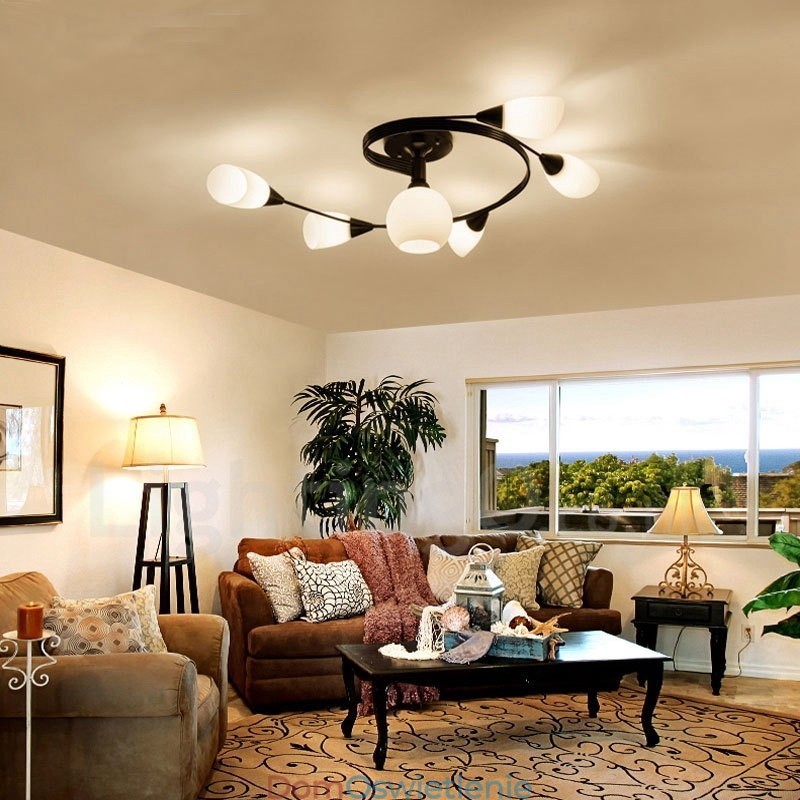 6-punktowy, rustykalny, zintegrowany żyrandol Lodge z kloszem szklanym