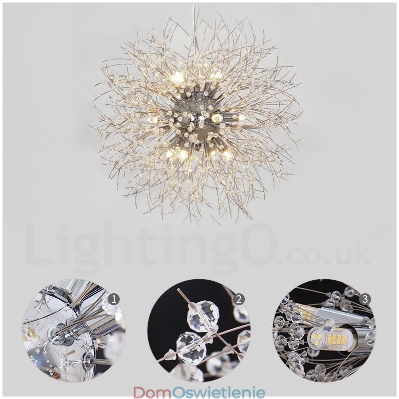 Fajerwerk Globe Dandelion Chrome Cecha Kryształowy Metalowy Żyrandol