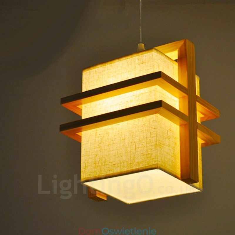 1 Lekka drewniana lampa wisząca retro vintage z kloszem z tkaniny