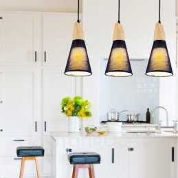 3-kolorowa nowoczesna lampa wisząca z drewna z abażurem z tkaniny