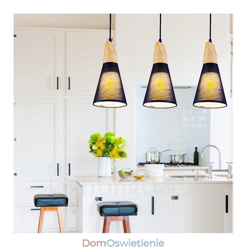 3-kolorowa nowoczesna lampa wisząca z drewna z abażurem z tkaniny
