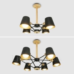 4-punktowa lampa wisząca w stylu skandynawskim z nowoczesnym drewnem i kloszem z żelaza