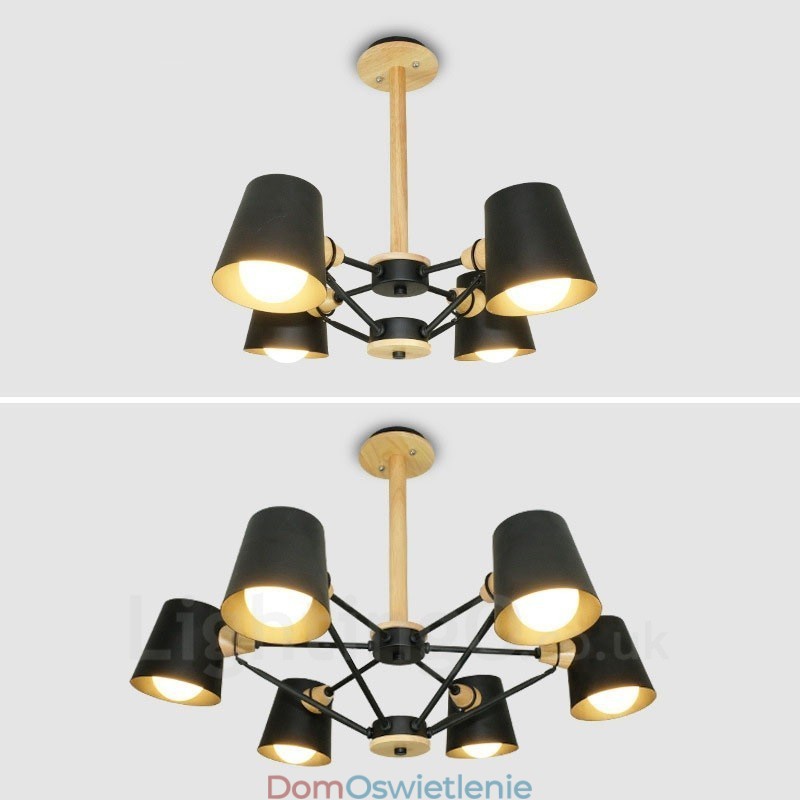 4-punktowa lampa wisząca w stylu skandynawskim z nowoczesnym drewnem i kloszem z żelaza