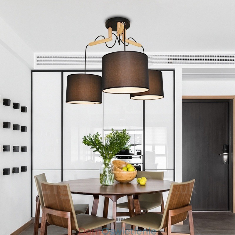 3-kolorowa nowoczesna lampa wisząca z drewna z abażurem z tkaniny