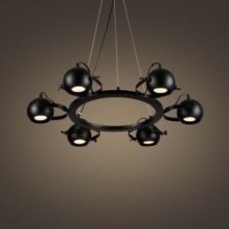 6-punktowa lampa wisząca w stylu retro vintage z czarnego żelaza z czarnymi kloszami w kształcie kuli