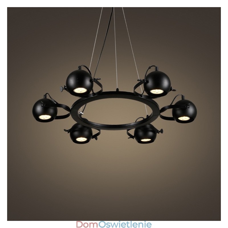 6-punktowa lampa wisząca w stylu retro vintage z czarnego żelaza z czarnymi kloszami w kształcie kuli