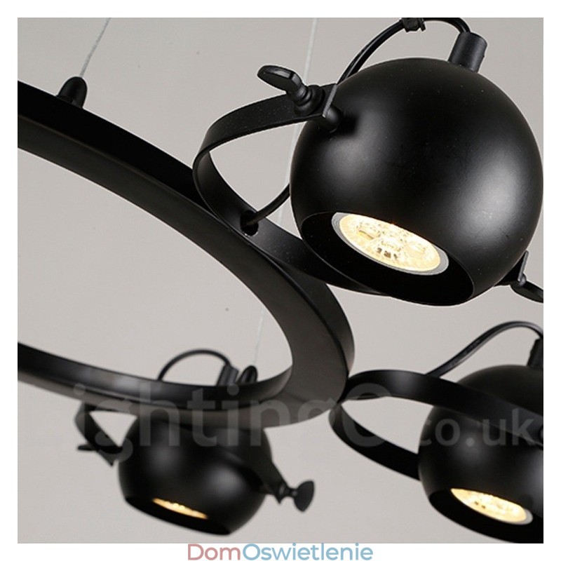 6-punktowa lampa wisząca w stylu retro vintage z czarnego żelaza z czarnymi kloszami w kształcie kuli