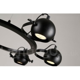 6-punktowa lampa wisząca w stylu retro vintage z czarnego żelaza z czarnymi kloszami w kształcie kuli
