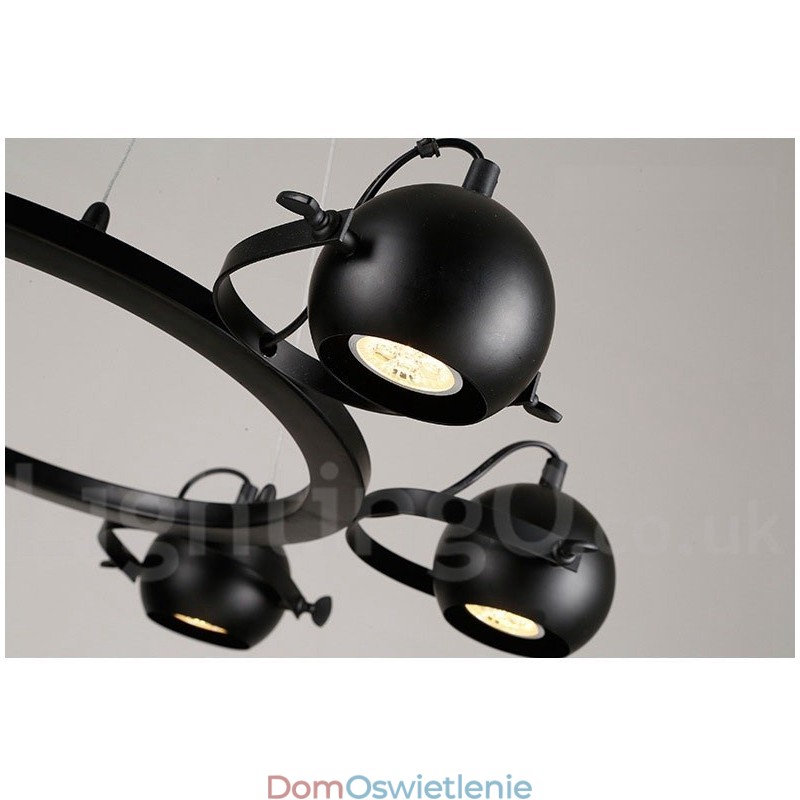 6-punktowa lampa wisząca w stylu retro vintage z czarnego żelaza z czarnymi kloszami w kształcie kuli