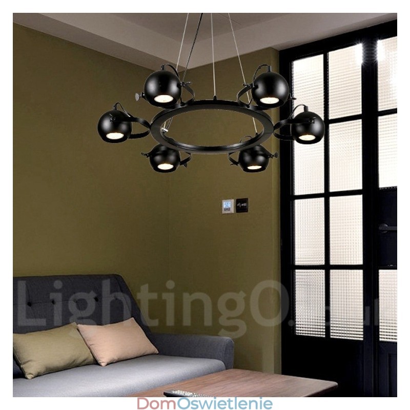 6-punktowa lampa wisząca w stylu retro vintage z czarnego żelaza z czarnymi kloszami w kształcie kuli