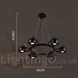 6-punktowa lampa wisząca w stylu retro vintage z czarnego żelaza z czarnymi kloszami w kształcie kuli