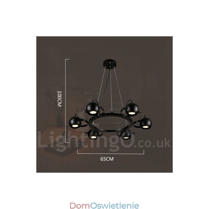 6-punktowa lampa wisząca w stylu retro vintage z czarnego żelaza z czarnymi kloszami w kształcie kuli